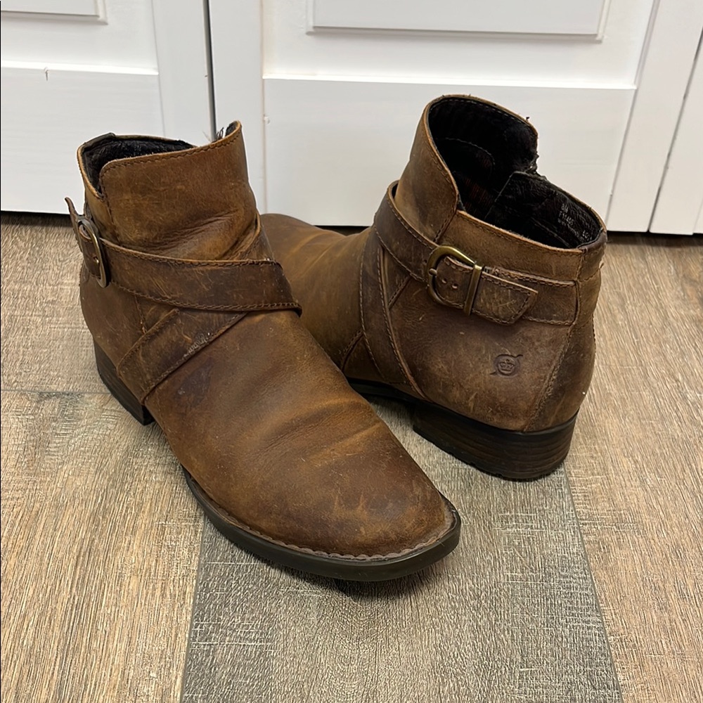 Born Women's Brown Leather Ankle Boots with Buckle Strap